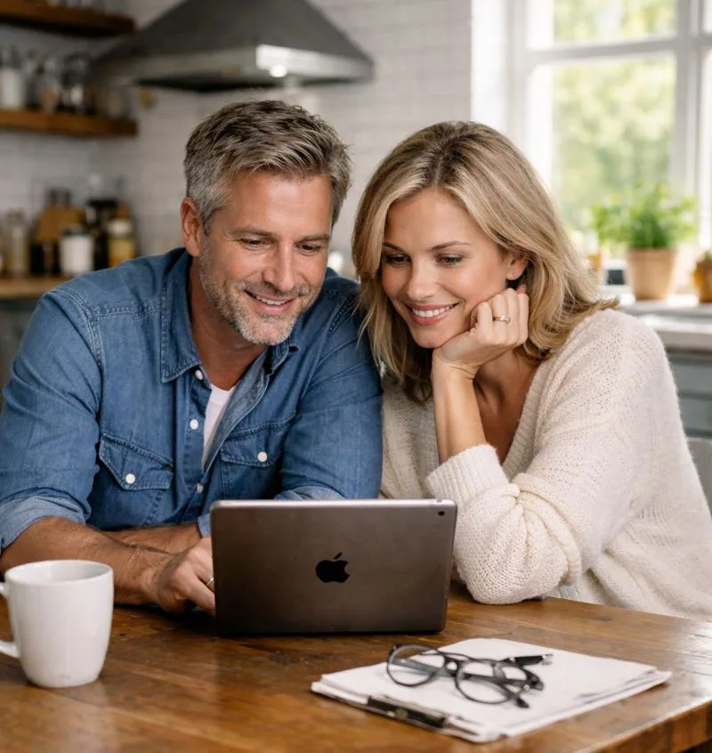 Een stel bekijkt samen een offerte-aanvraag op een tablet