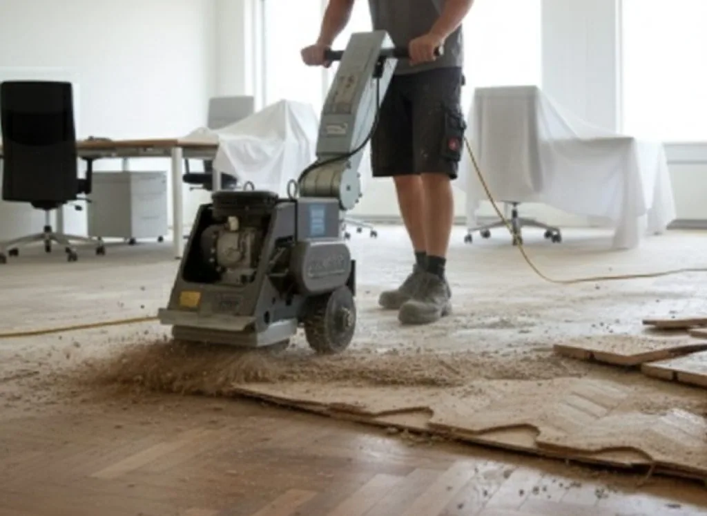 Machine verwijdert een houten vloer in een kantoor