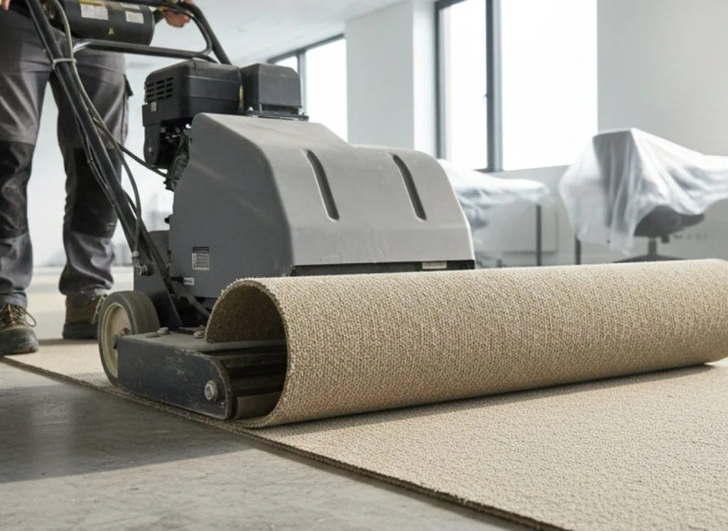 Tapijt wordt machinaal opgerold en verwijderd